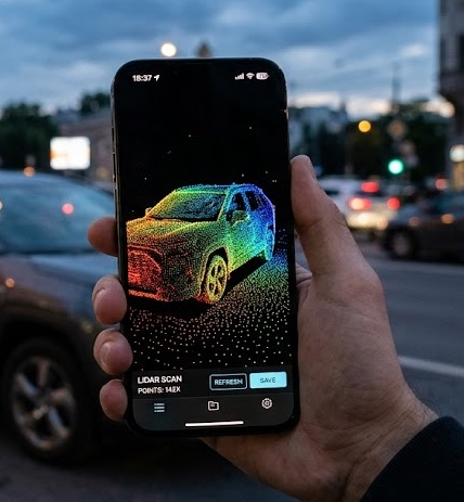 Smartphone-App mit LIDAR-Punktwolke eines Fahrzeugs zur Unterstützung von Fahrzeugzulassungen