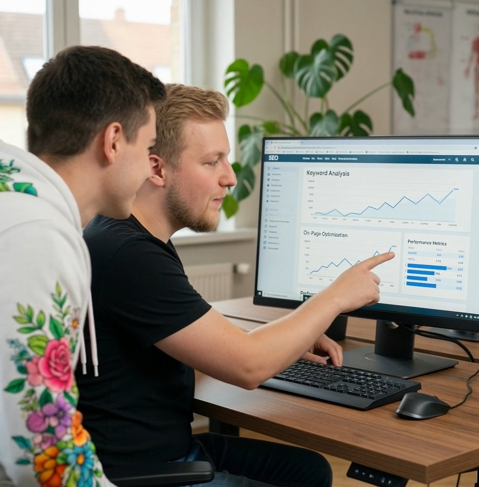 Paul von Allwörden bespricht mit einem Kunden eine SEO-Analyse am Bildschirm