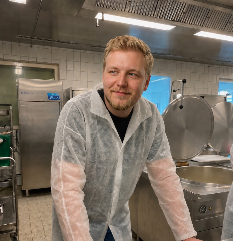 Paul von Allwörden in Besucherkleidung in einer Großküche